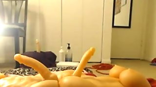 Big tited takes 2 dildos